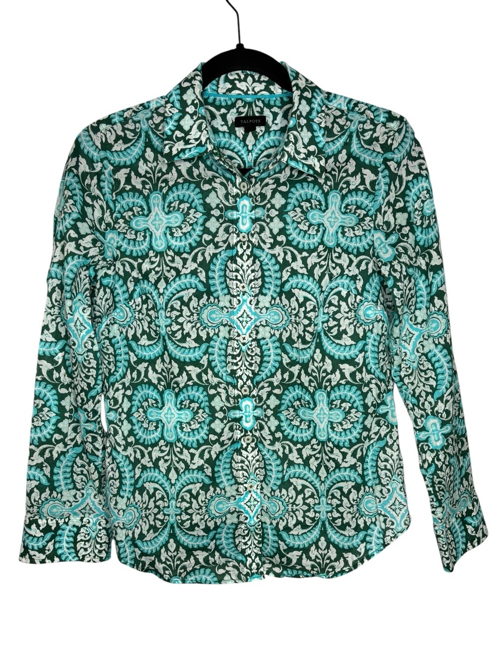TALBOTS Shirt Green Blue Paisley 100% Cotton Lightweight Long Sleeve Size XS